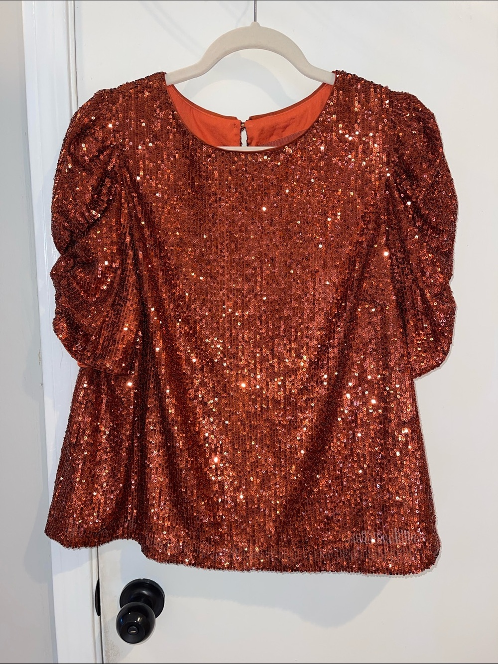Anthropologie New With Tags Sequin Puff Sleeve Top Rust Orange